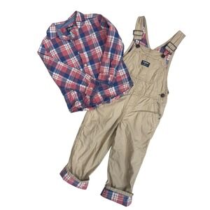 OshKosh Bgosh Toddler Boys 4T Plaid Shirt and Khaki Overalls 2 Piece Set